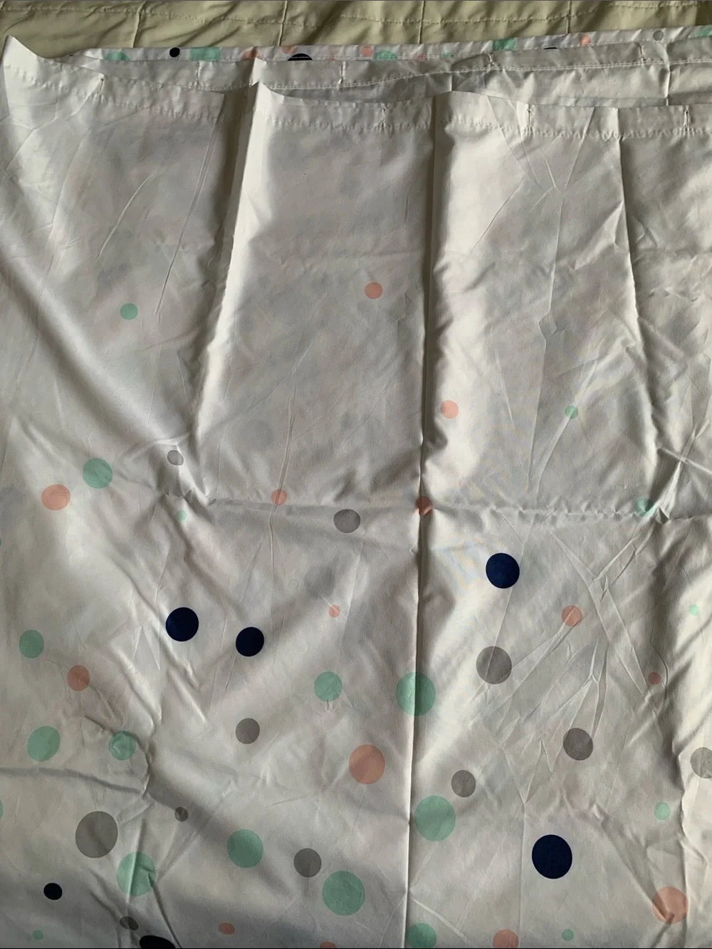Huntington Home White Shower Curtain with Mint, Peach, Navy & Gray Dots